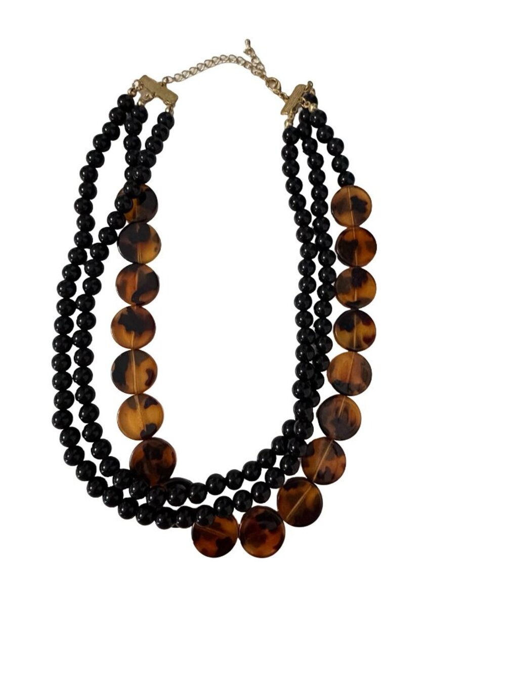 Vintage Black Bead Tortoiseshell Lucite 3 Strand Statement Necklace 14 Inch